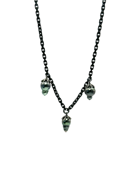 Triple Tahitian Tear Drop Black Rhodium Necklace