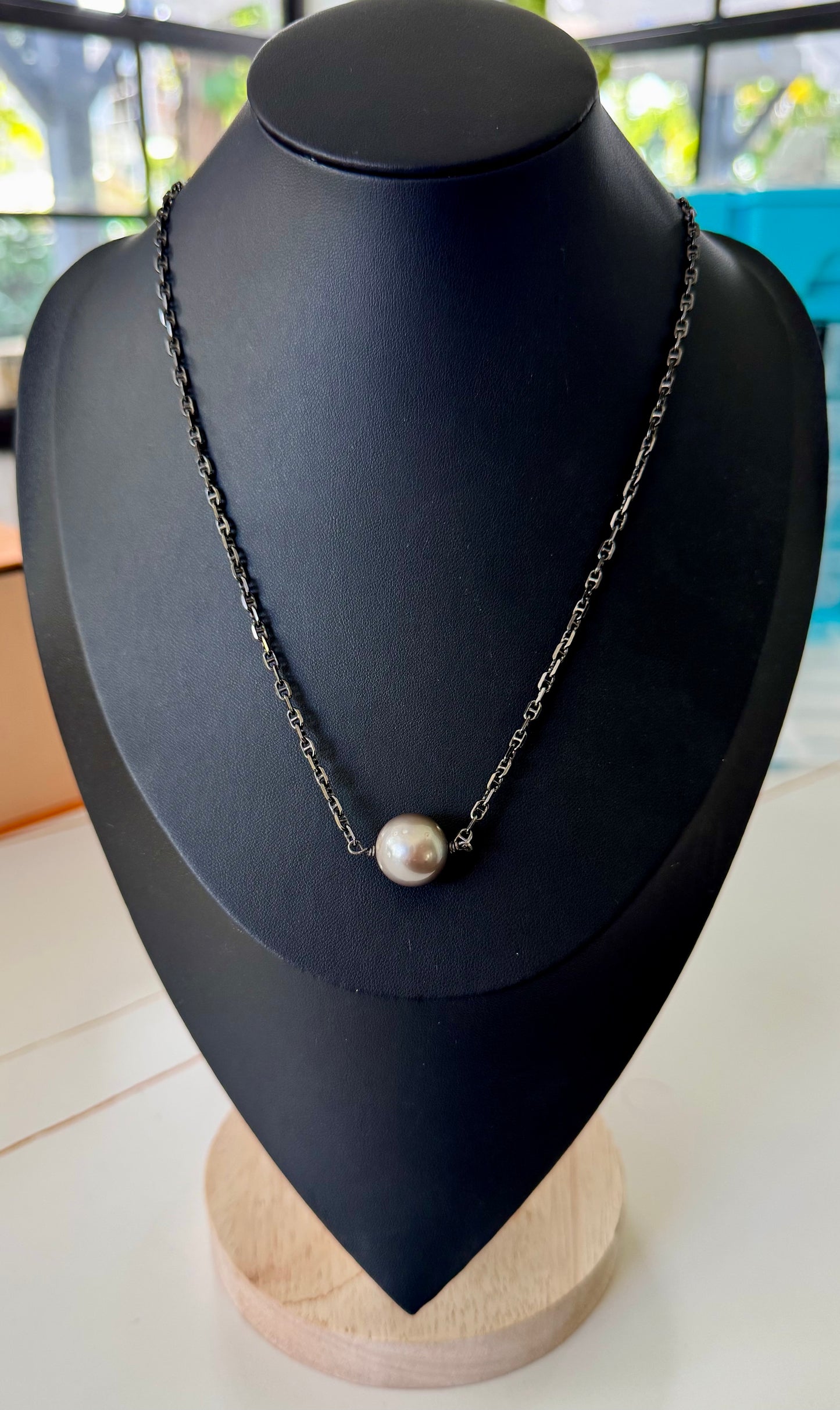 14.5mm Tahitian Pearl Black Rhodium-Plated Silver Mariner Link Chain Necklace