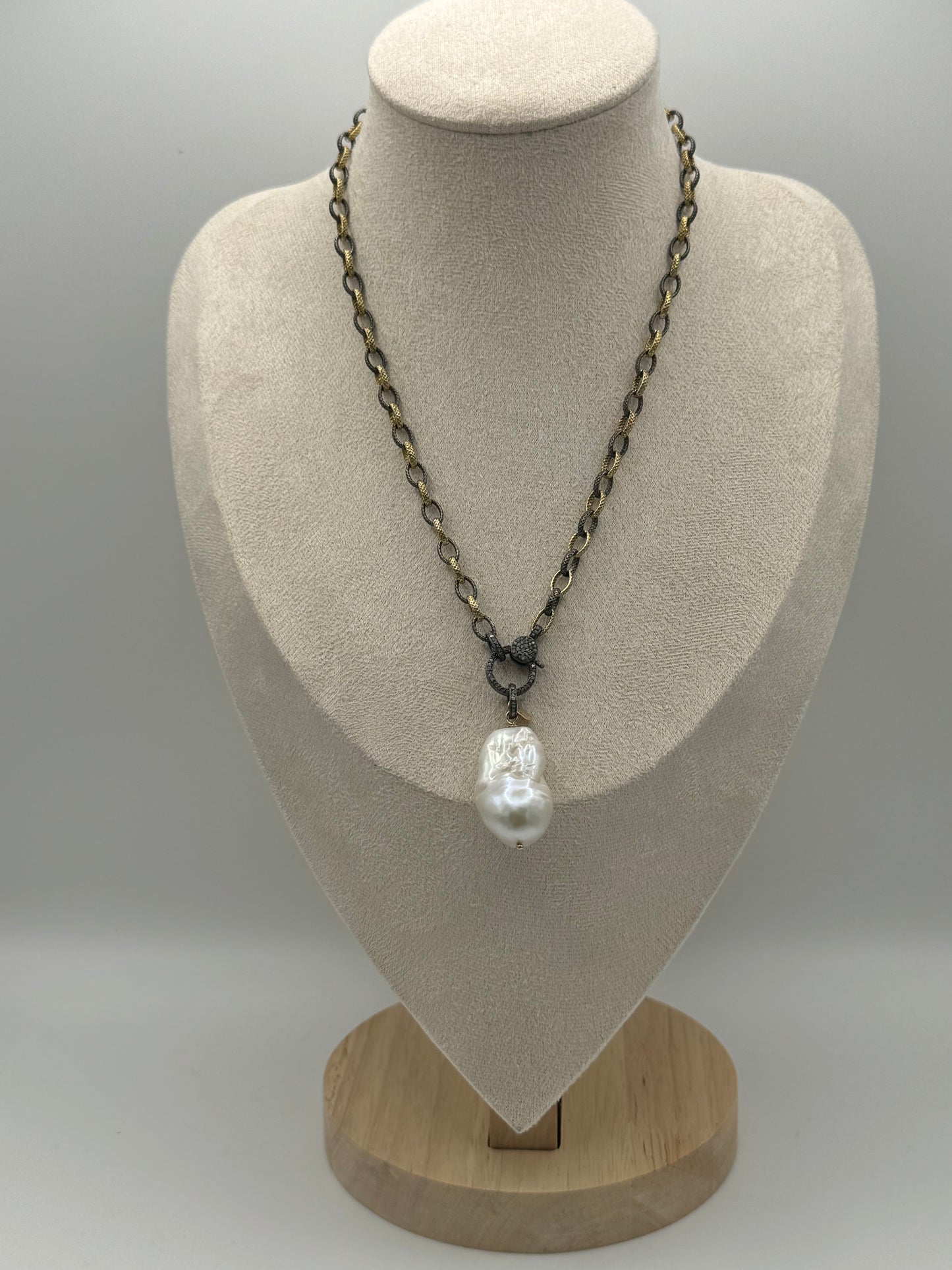 Ethereal Axis Necklace- White Baroque Pearl Pendant on Two Tone Chain