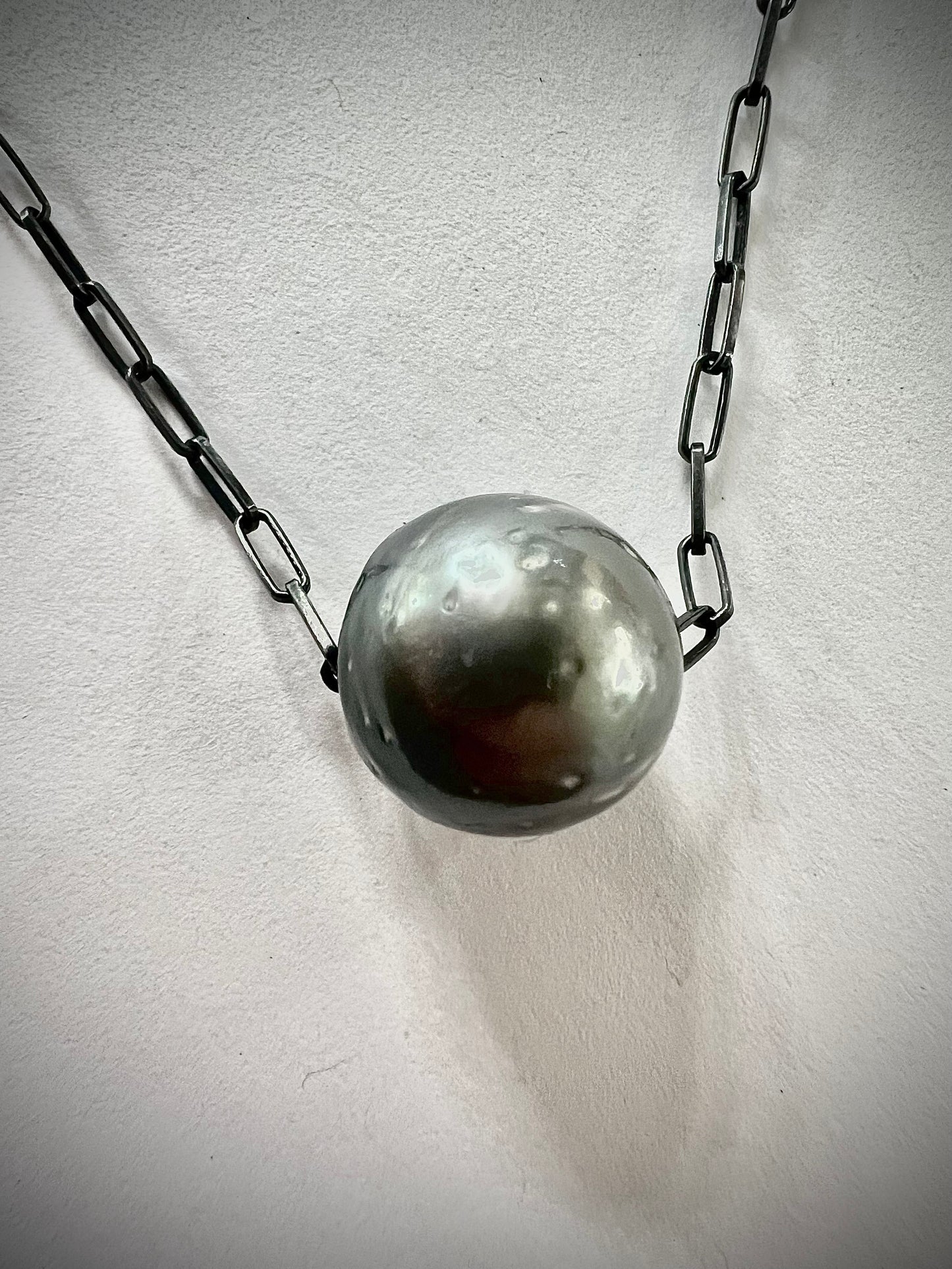 Modern 16mm Tahitian Pearl on Oxidized Silver Necklace