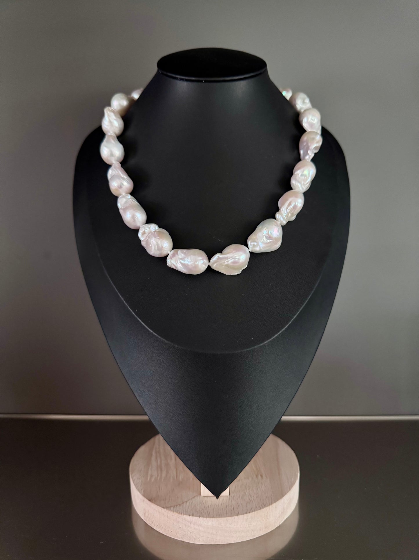 Salt Crest – White Baroque Freshwater Pearl Necklace with Pavé Tourmaline Oxidized Silver Clasp