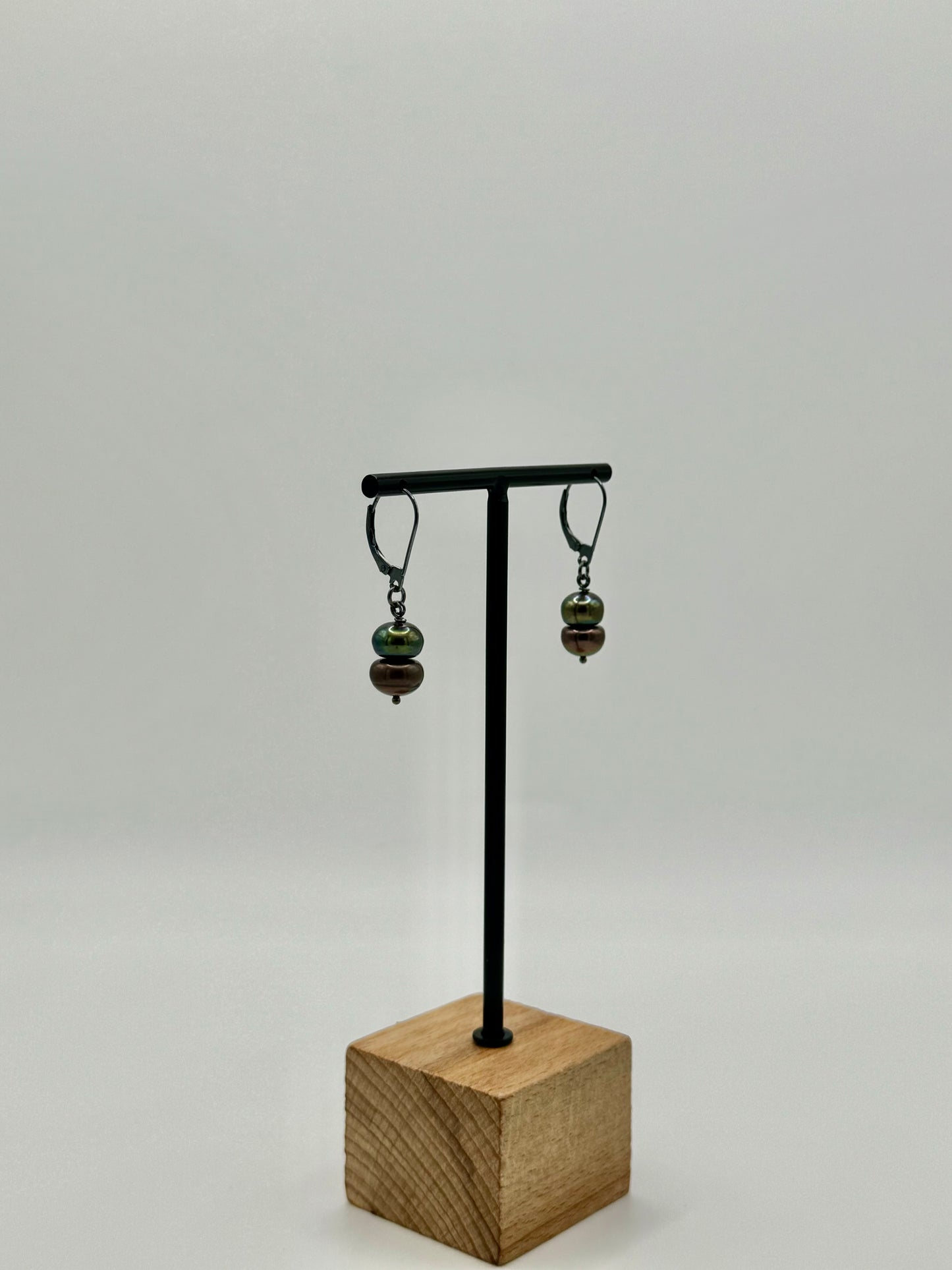 Button Peacock Freshwater Pearl Oxidized Silver Lever Back Earrings