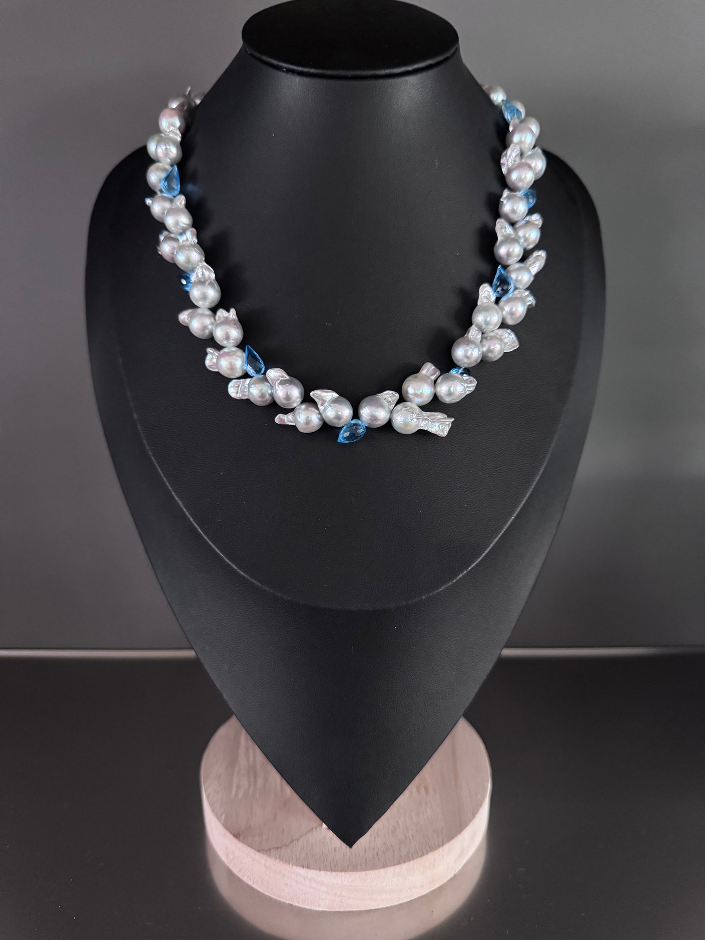Blue Cascade – Baroque Akoya Pearl & Topaz Necklace