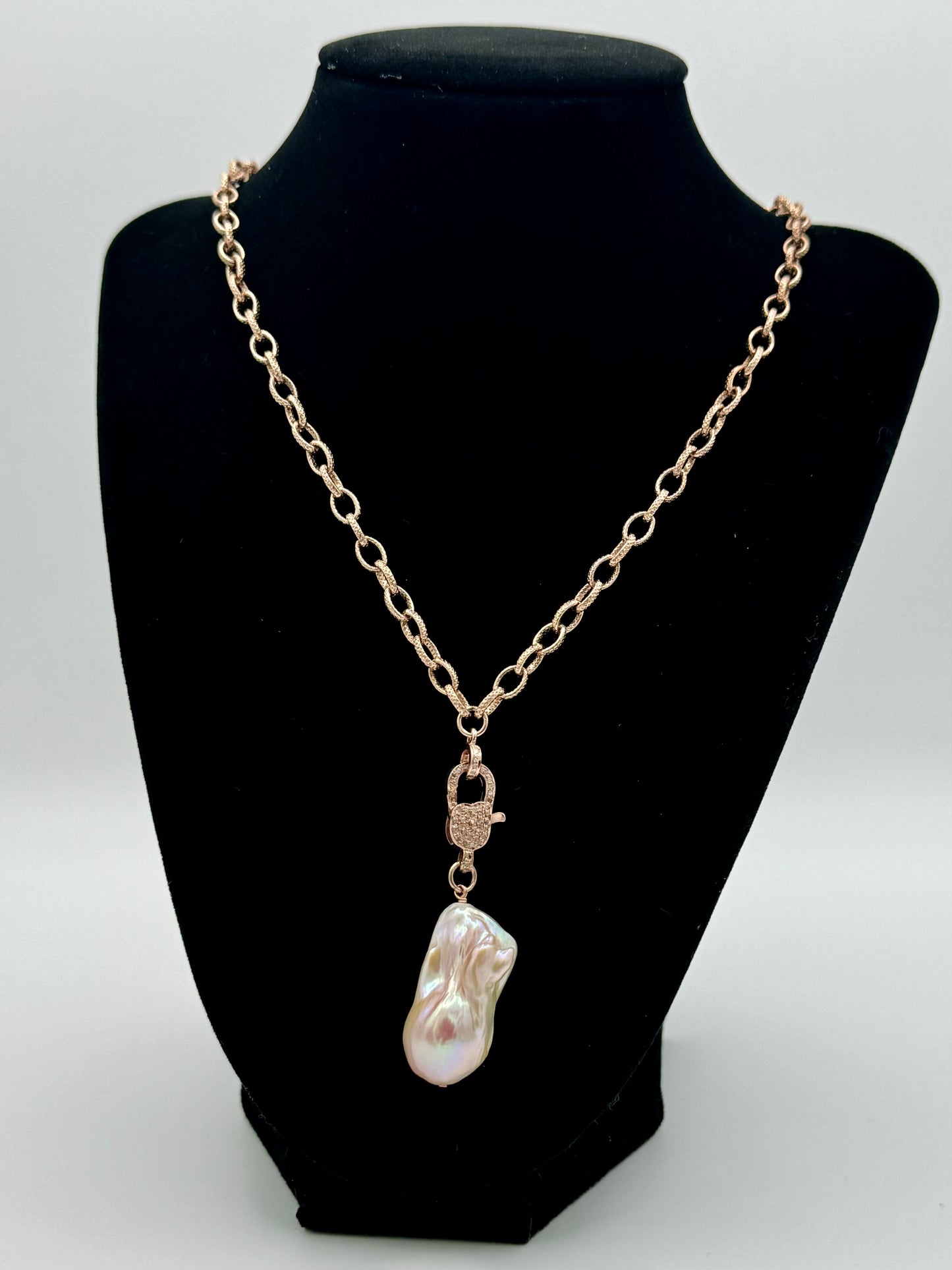 Pink Baroque Freshwater Pearl Diamond Clasp Rose Gold Necklace