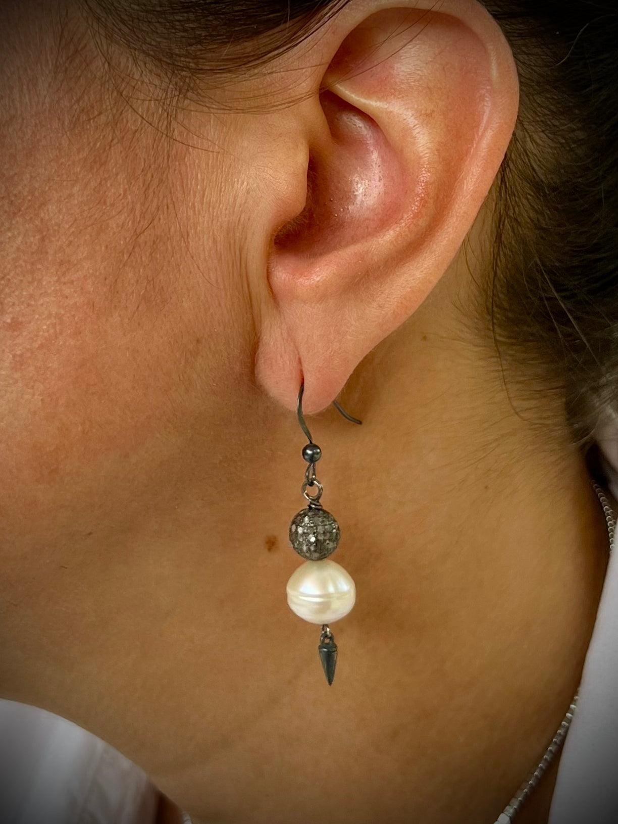 Modern White Baroque Pearl and Diamond Dangle Earrings