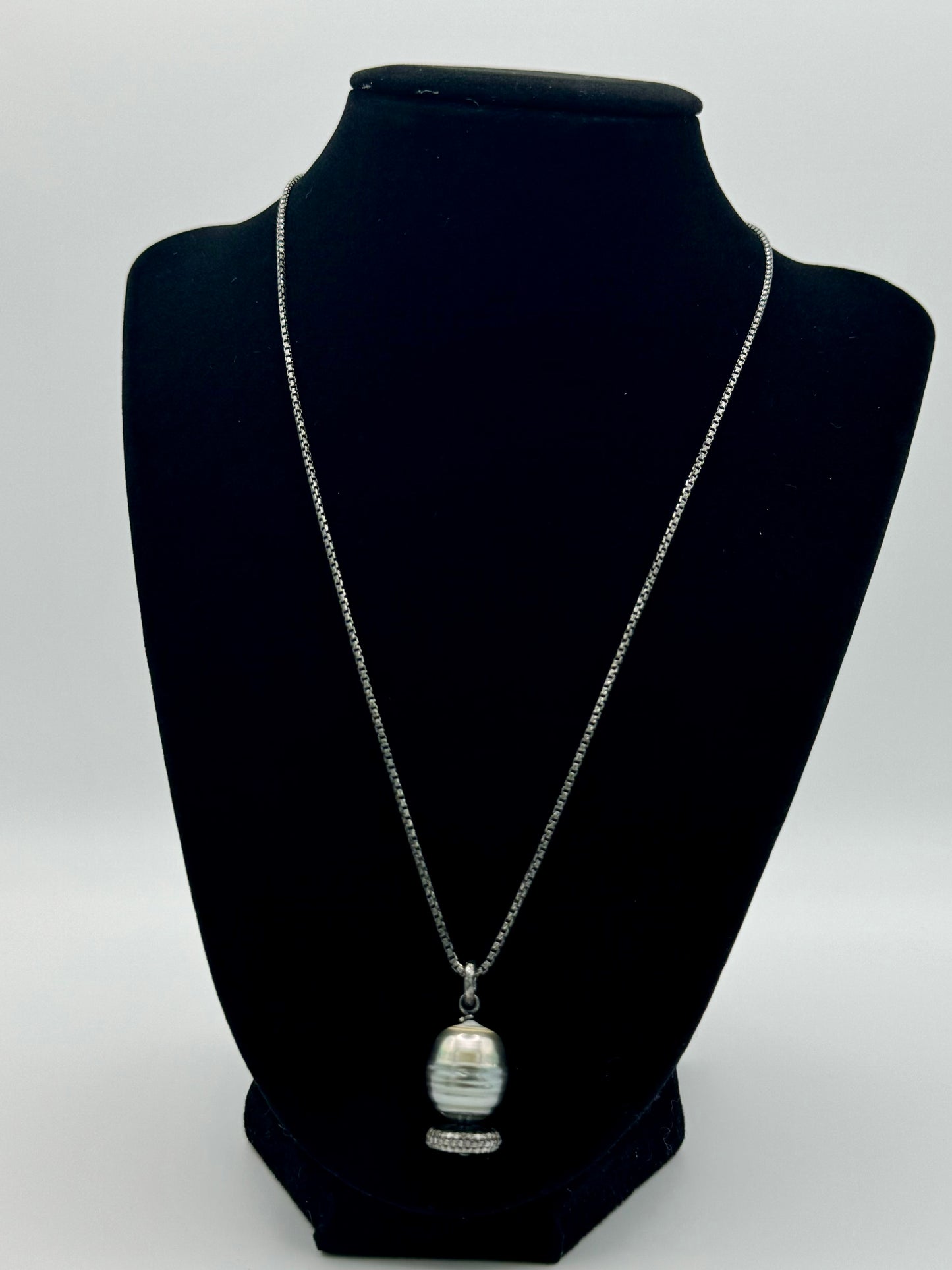 14mm Baroque Tahitian Pearl and Diamond Rondelle Bead Black Rhodium Chain Necklace