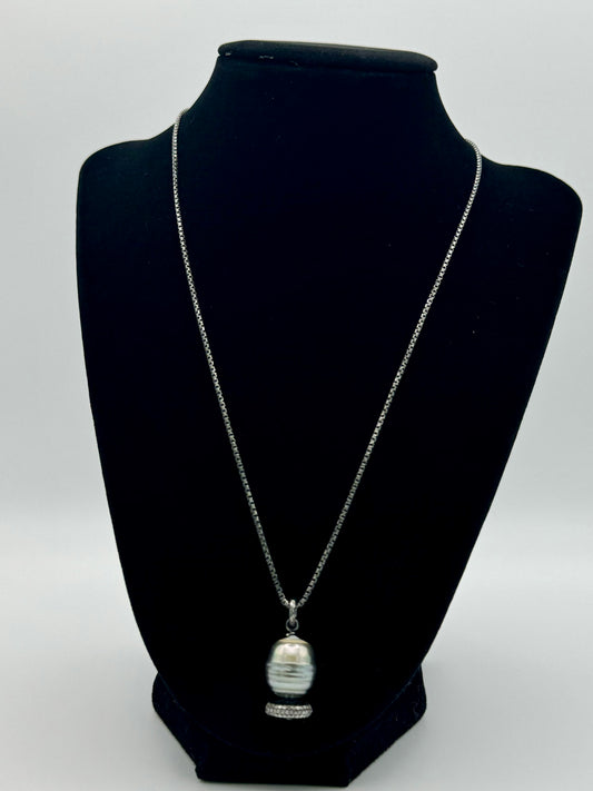 Dark Orbit – Baroque Tahitian Pearl Necklace with Diamond Rondelle and Black Rhodium Chain