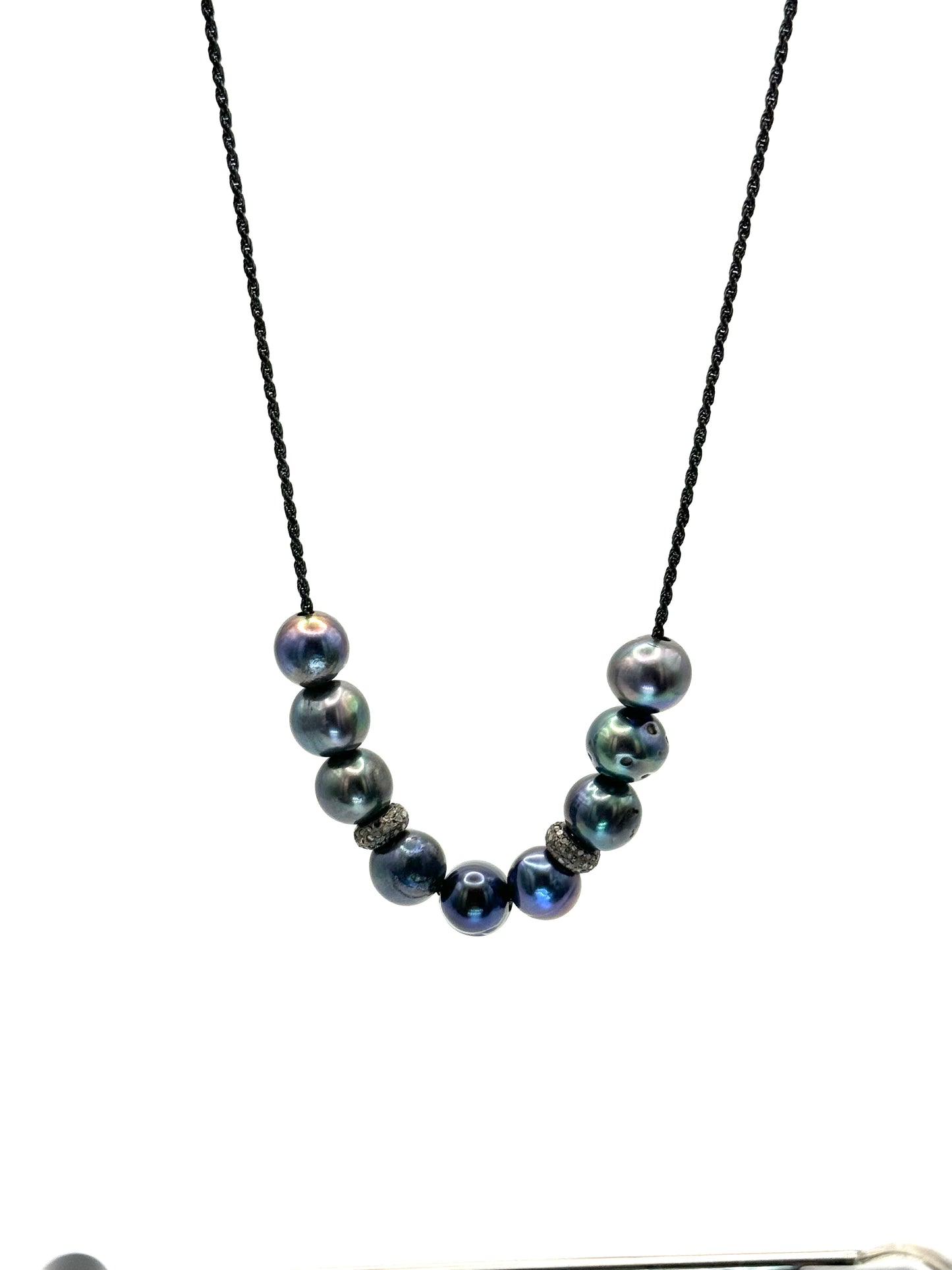 10mm Peacock Freshwater Pearls and Diamond Rondelles on Black Rhodium Chain