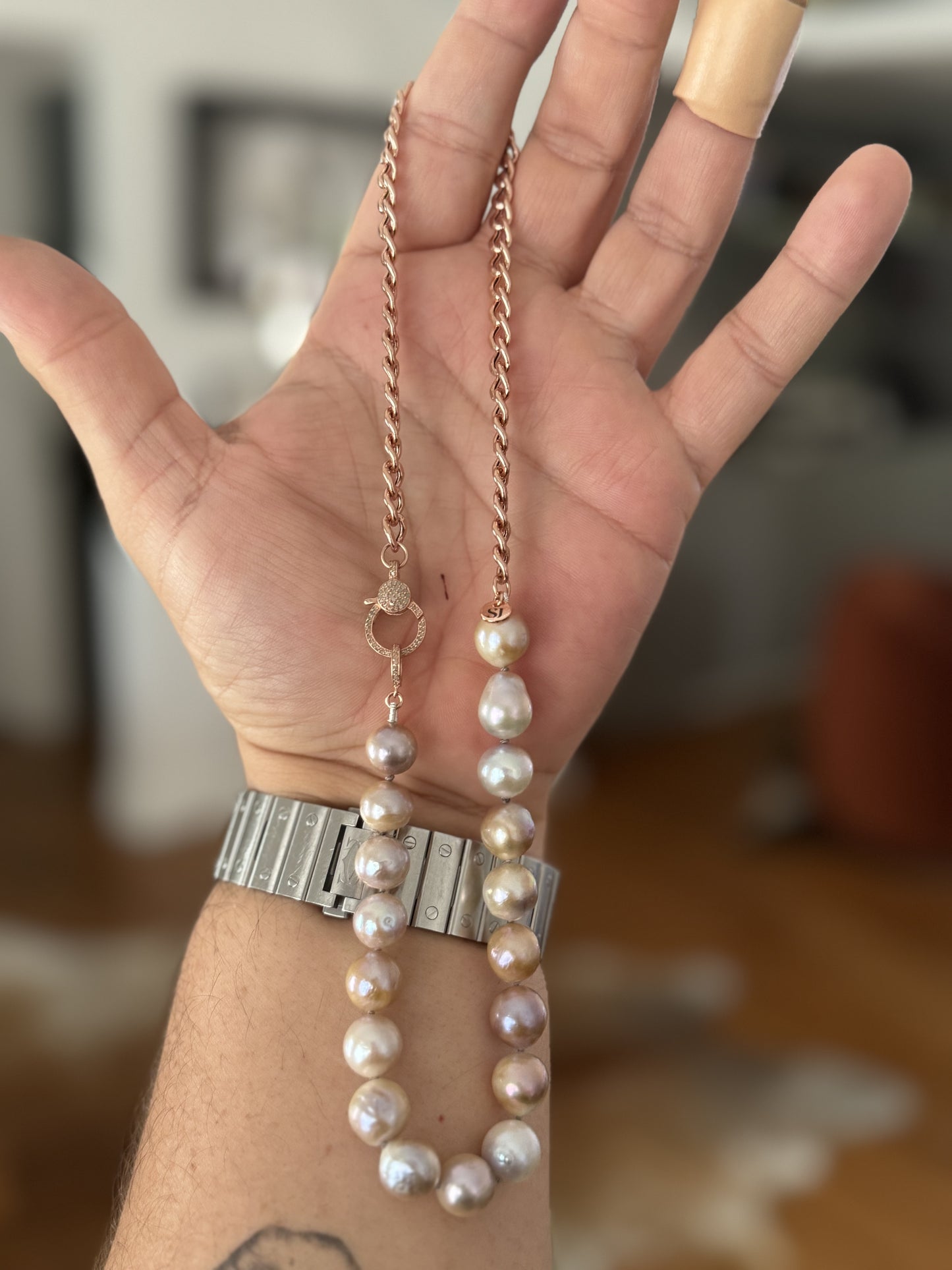 10mm Natural Edison Pearls and Rose Gold Curb Link Necklace