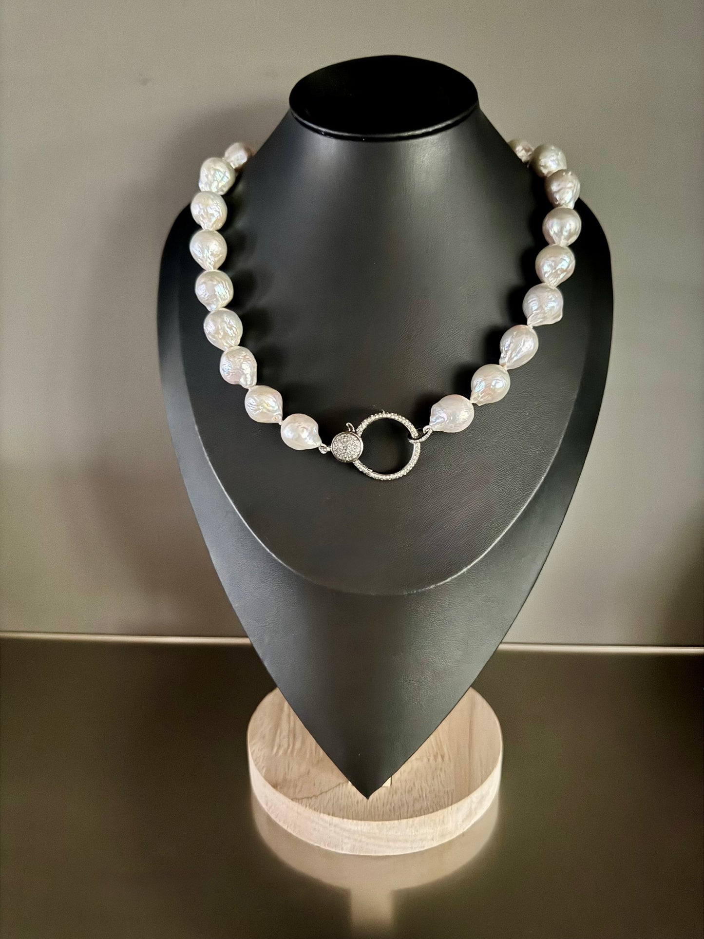 Mistform – Light Grey Wrinkle Edison Pearl Necklace with Pavé Diamond Oxidized Silver Clasp