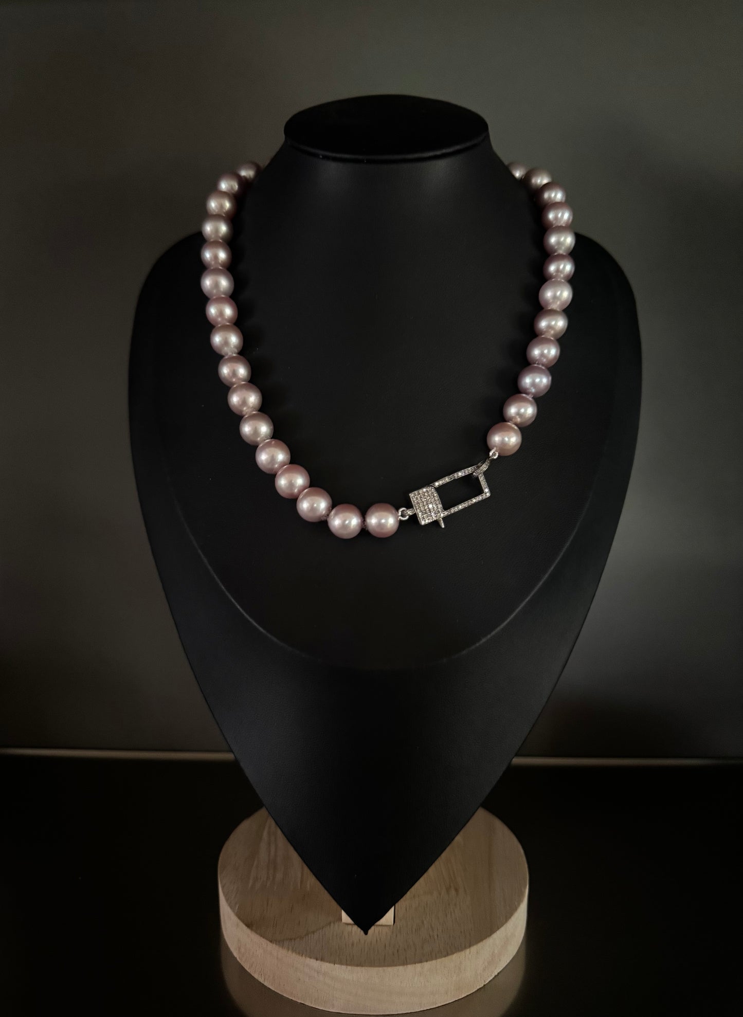 10-12mm Pastel Edison Round Pearls Oxidized Silver Pave Diamond Clasp Necklace