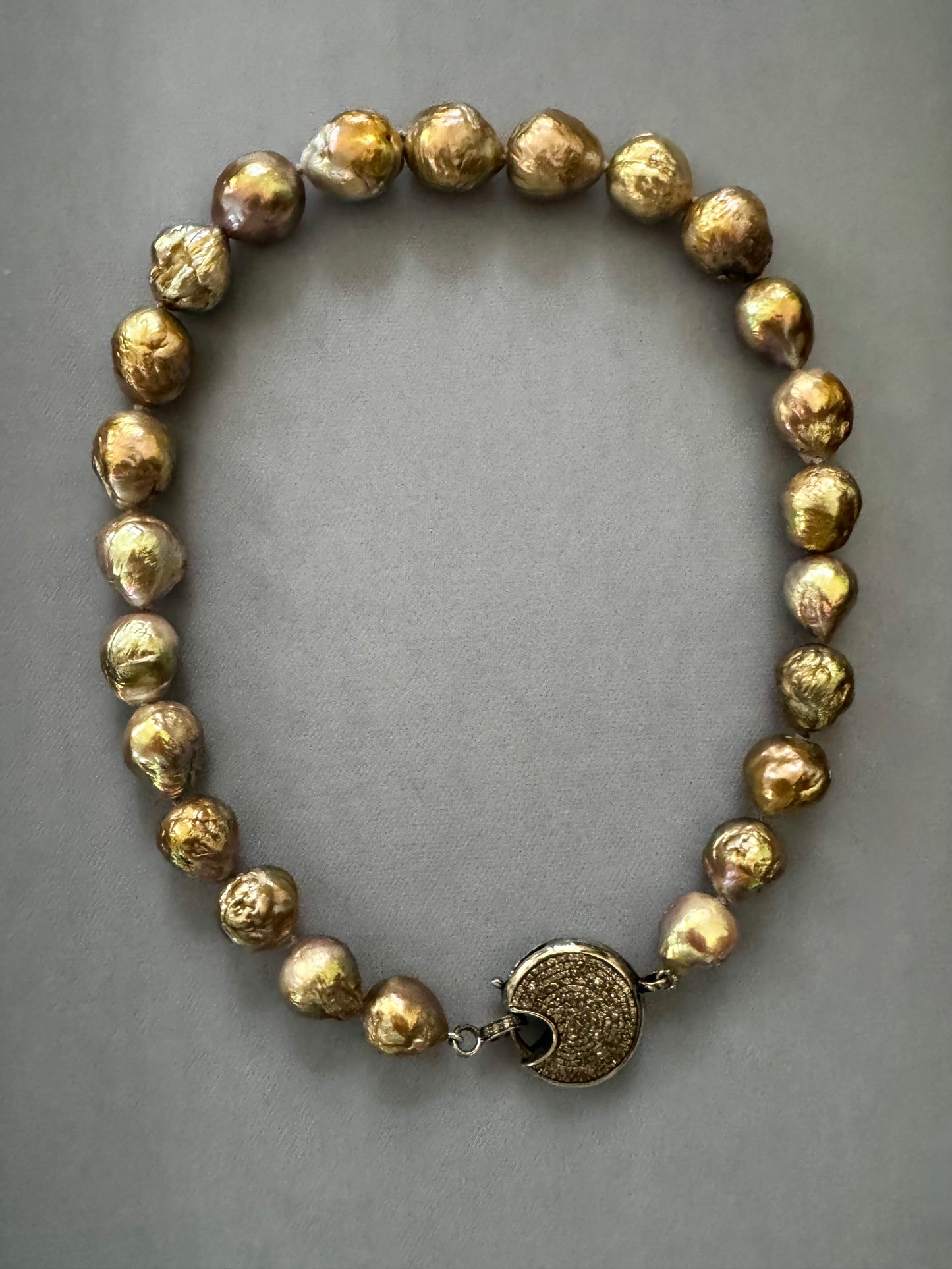 12-14mm Metallic Wrinkle Edison Pearls 23mm Round Pave Diamond Clasp Necklace