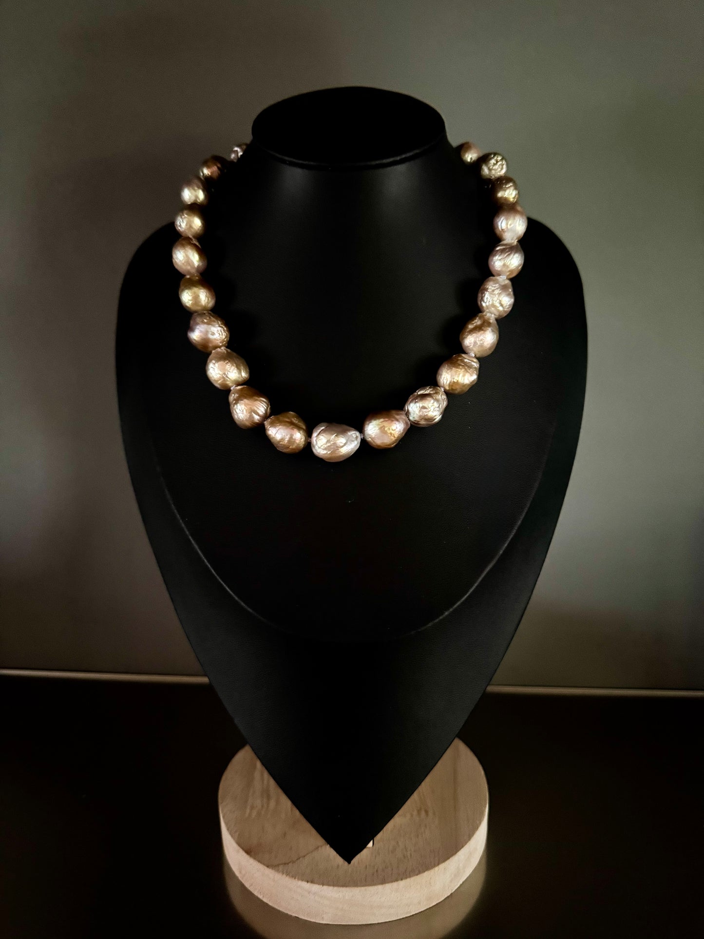 12-14mm Metallic Wrinkle Edison Pearls 23mm Round Pave Diamond Clasp Necklace