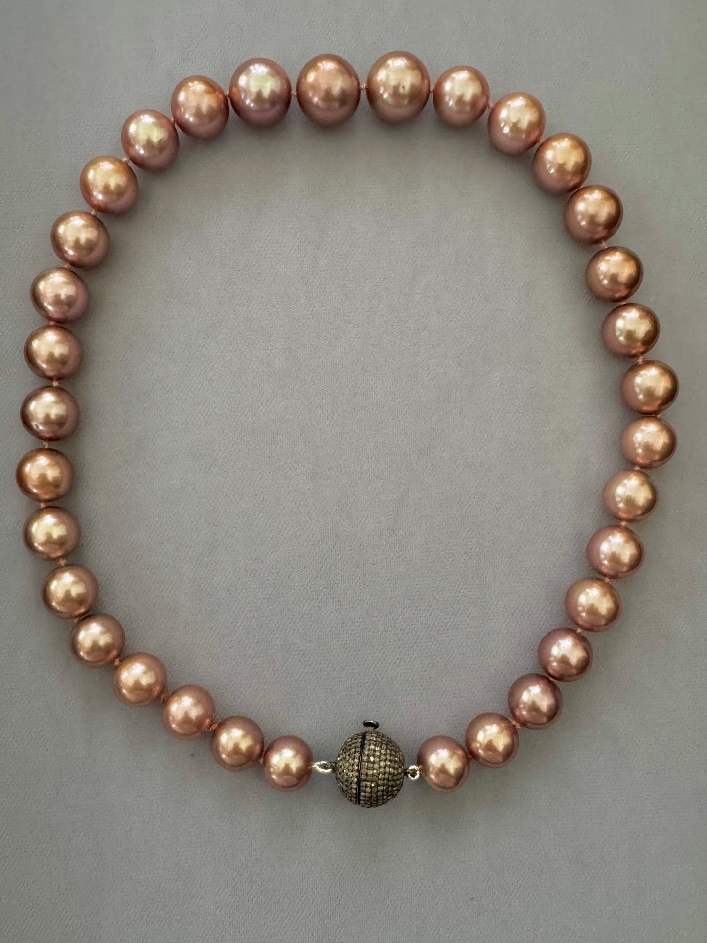 11-14mm Dusty Rose Edison Pearls 15mm Diamond Ball Clasp Necklace