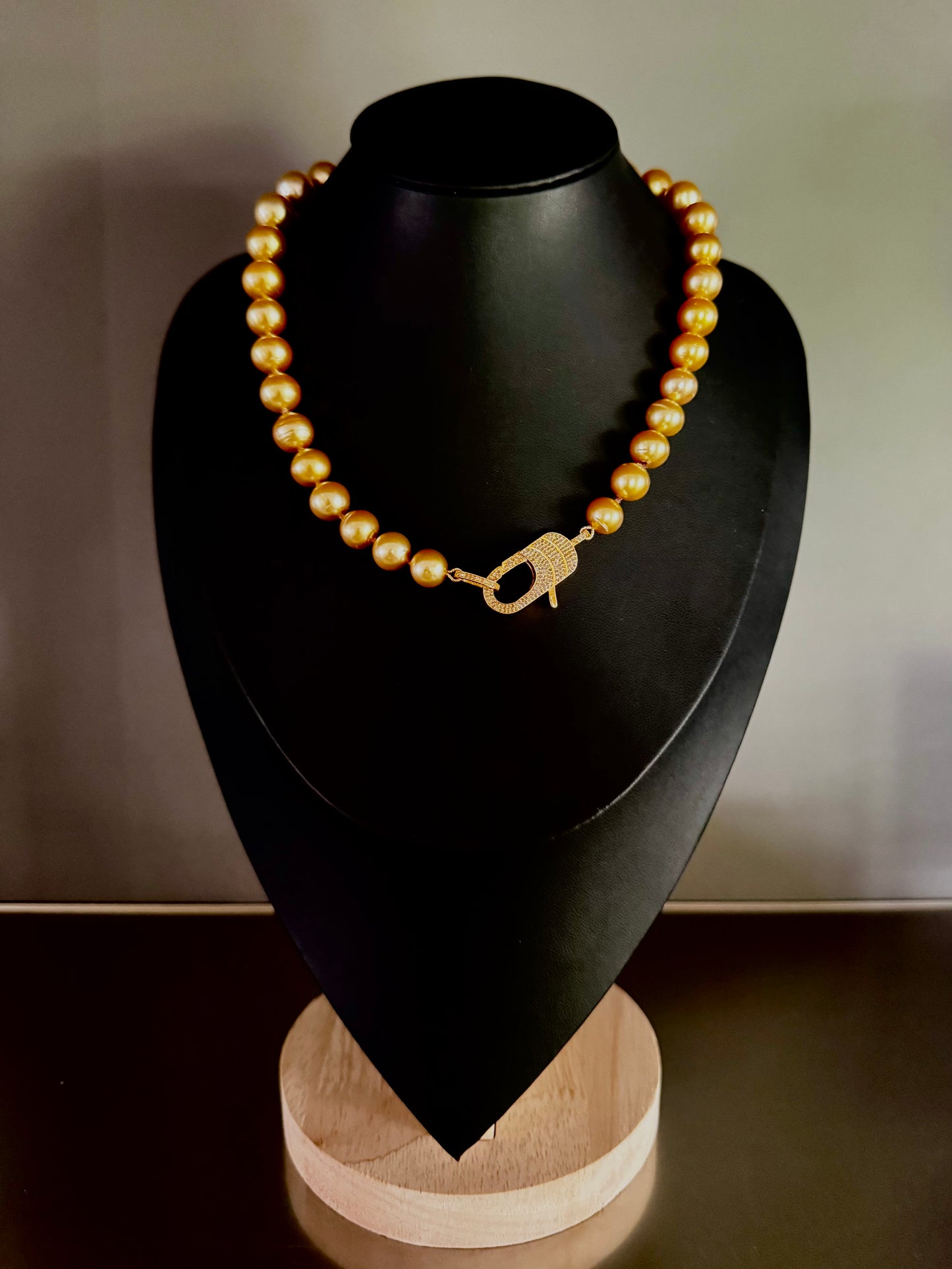 Auric Tide – Golden South Sea Pearl Necklace with Gold-Plated Pavé Diamond Clasp