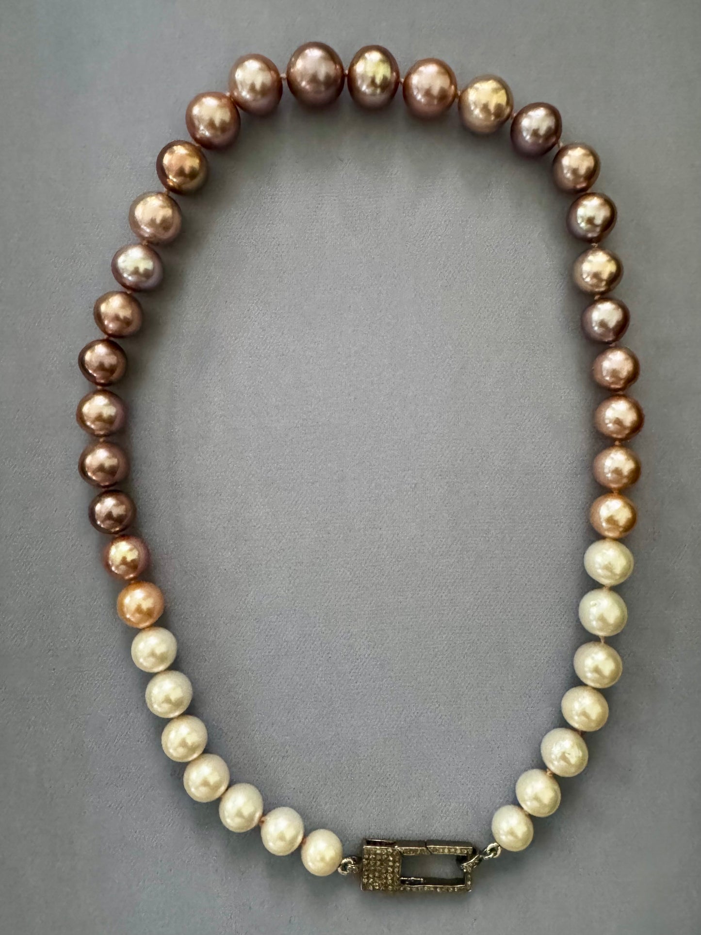 Solstice – Ombre Edison Pearl Necklace with Pavé Diamond Oxidized Silver Clasp