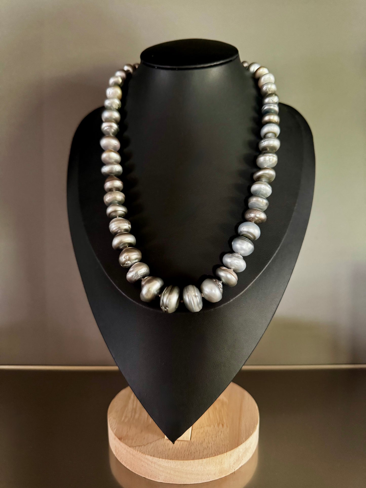 Strata – Rondelle Tahitian Silver Pearl Necklace with Pavé Diamond Oxidized Silver Clasp