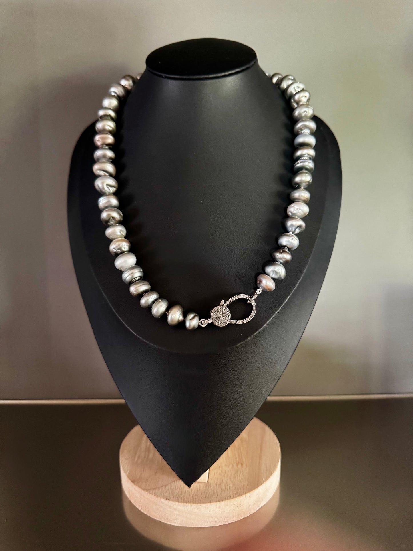 Strata – Rondelle Tahitian Silver Pearl Necklace with Pavé Diamond Oxidized Silver Clasp
