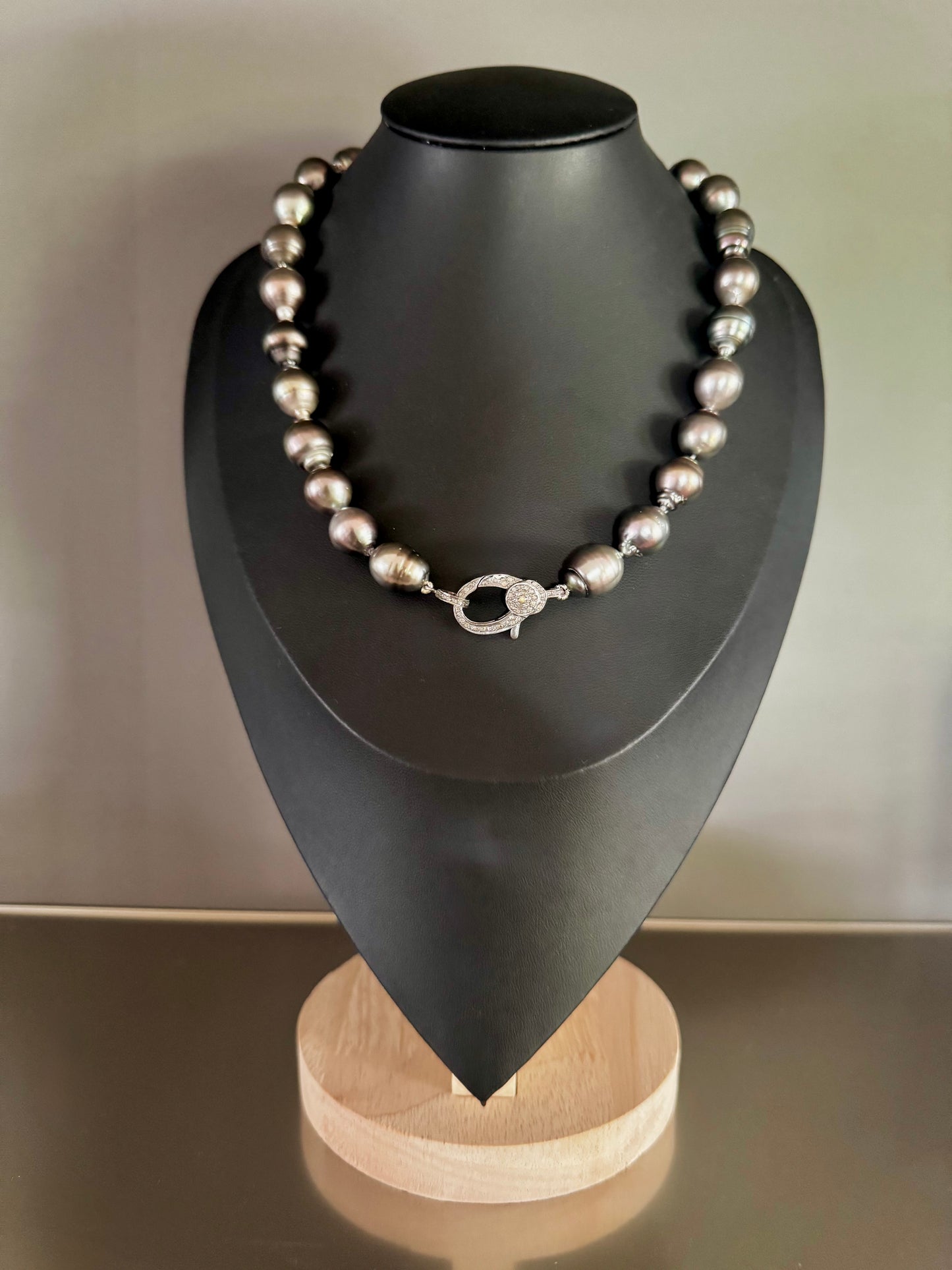 Nocturne – Tahitian Pearl Necklace with Pavé Diamond Oxidized Silver Clasp