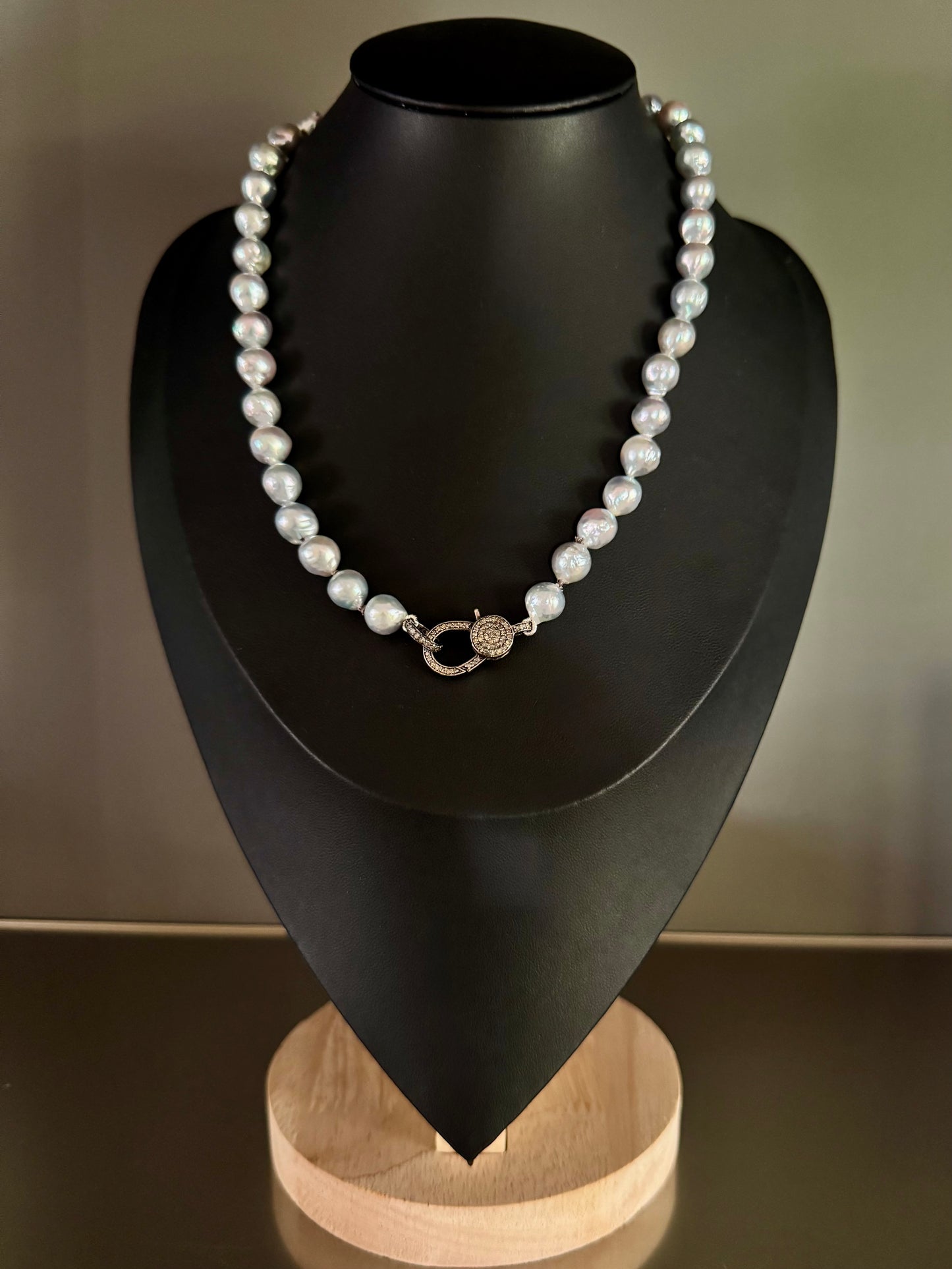 Ocean Noir – Blue Akoya Pearl Necklace with Oxidized Silver Pavé Diamond Clasp
