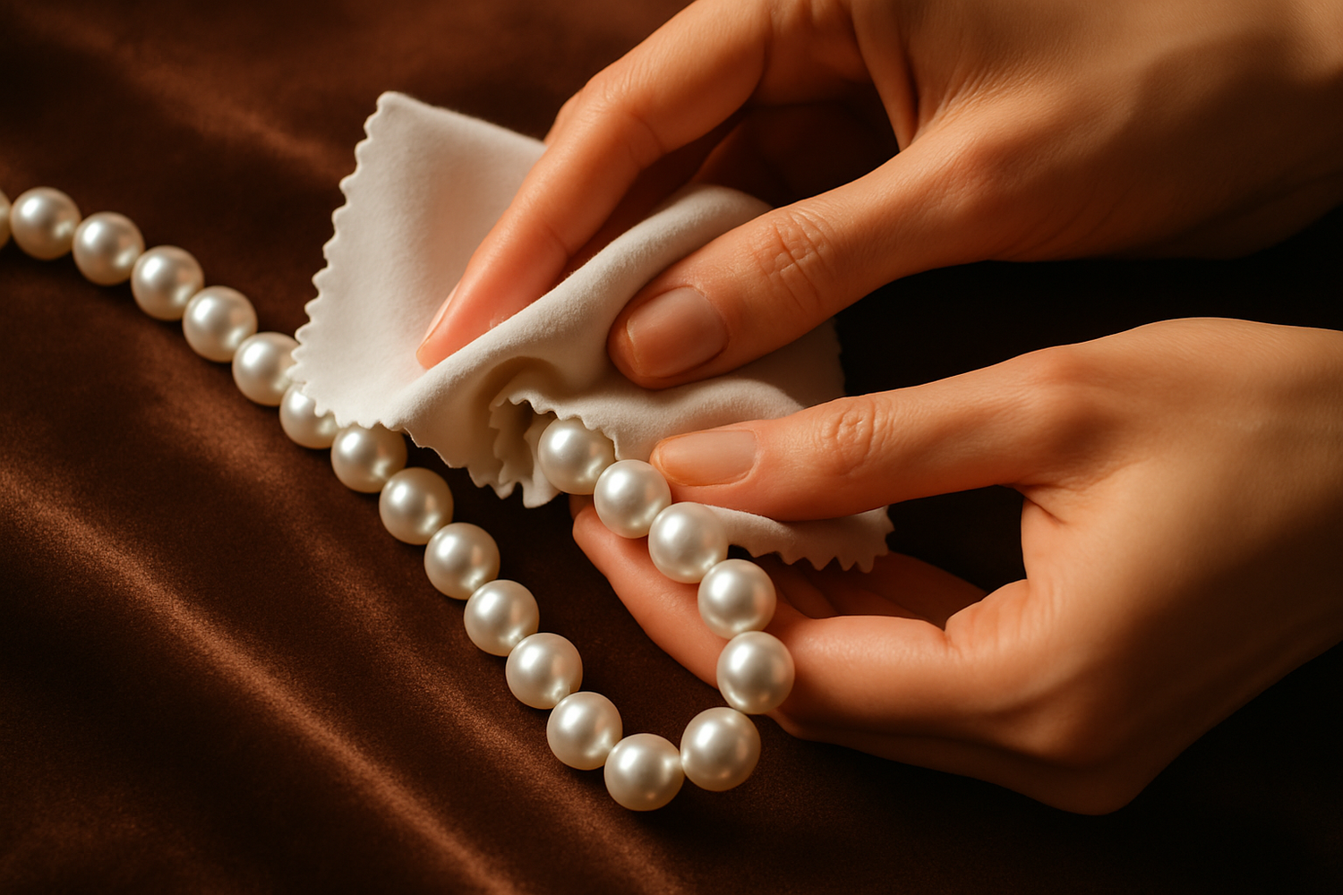 hands wiping down pearls with a cloth