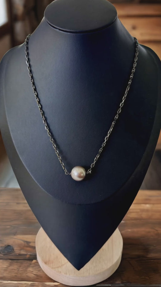 Anchor Noir – Tahitian Pearl Necklace with Black Rhodium Mariner Link Chain