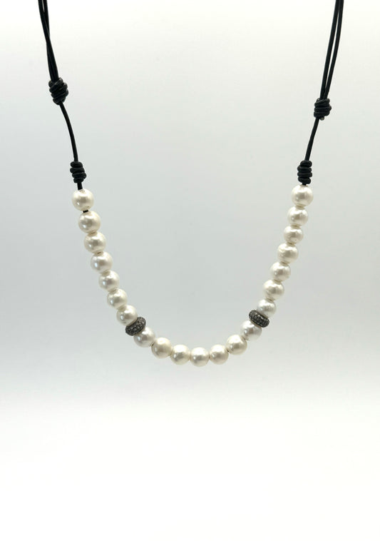 8mm White Freshwater Pearls with Silver Diamond Rondelles on Black Leather Necklace