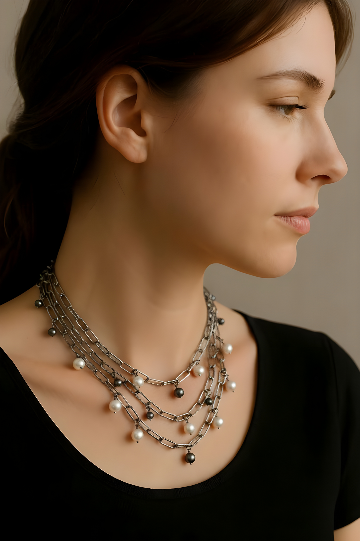 Pearlescent Harmony: Triple Layer Necklace Featuring White Freshwater & Peacock Nugget Pearls on Black Rhodium & Sterling Silver Paperclip Chain