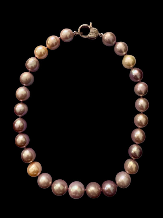 Candy Luxe – 13–15mm Multicolor Edison Pearl Necklace with Rose Gold Plated Silver Pavé Diamond Clasp
