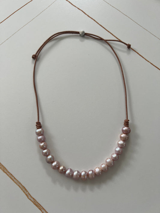 9mm Mauve Freshwater Pearls on Camel Leather Cord Necklace