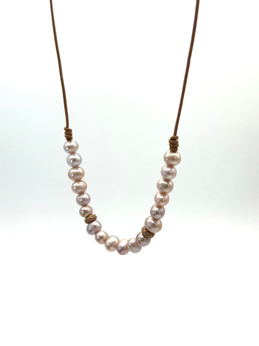 Mauve Freshwater Pearls and Rose Gold Diamond Rondelles on Camel Leather Necklace