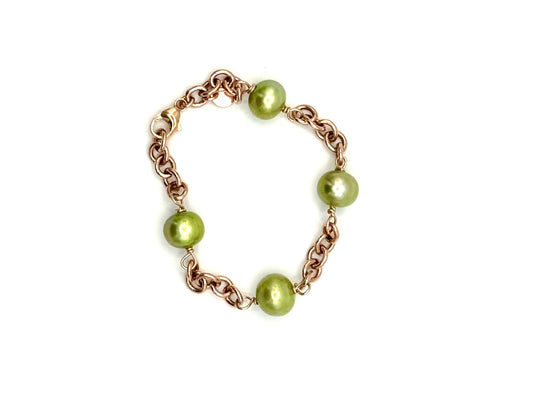 Light Green Freshwater Pearls on Rose Gold Station Bracelet