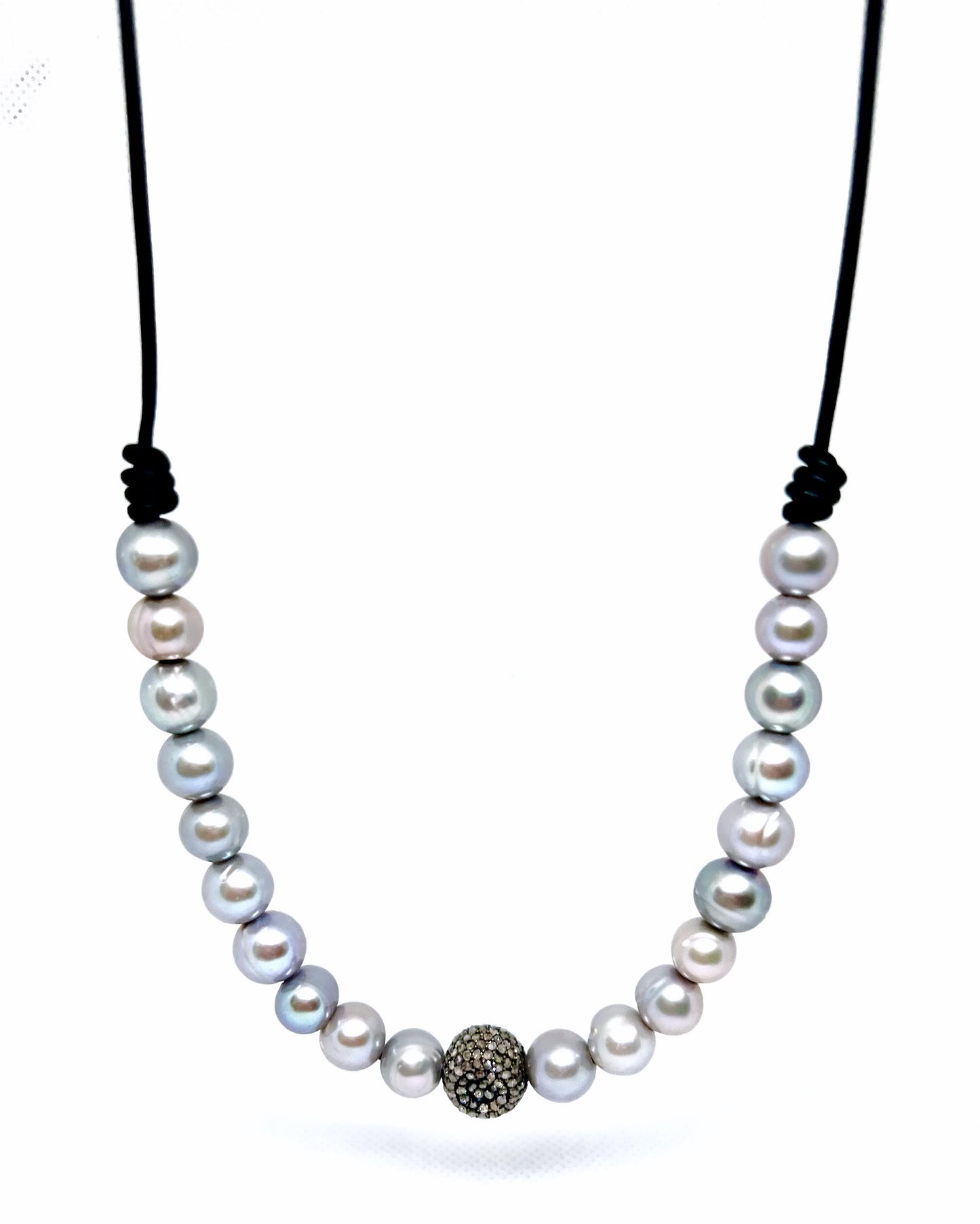 10mm Grey Freshwater Pearls with Silver Diamond Bead on Black Leather Necklace