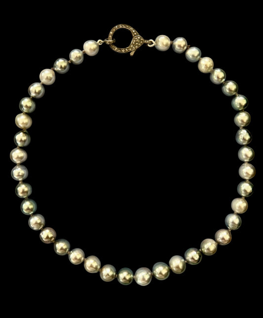 Silver Drift – Tahitian Pearl Necklace with Pavé Diamond Oxidized Silver Clasp