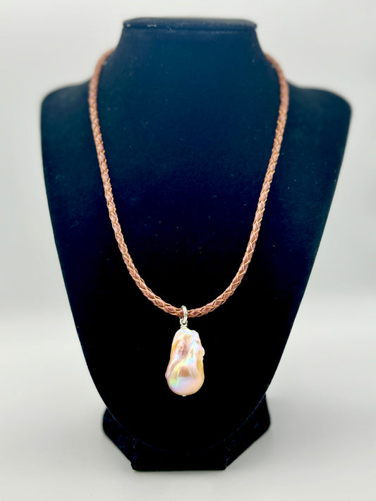 Massive Pink Baroque Freshwater Pearl Brown Leather Necklace