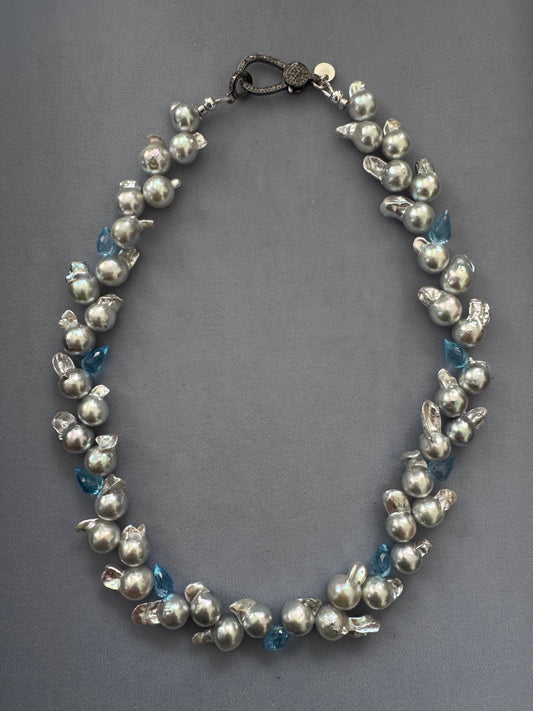 Blue Cascade – Baroque Akoya Pearl & Topaz Necklace