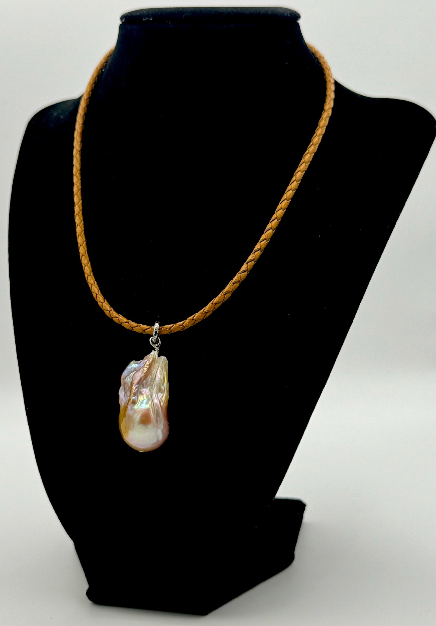 Metallic Pink Baroque Freshwater Pearl Tan Kangaroo Leather Necklace