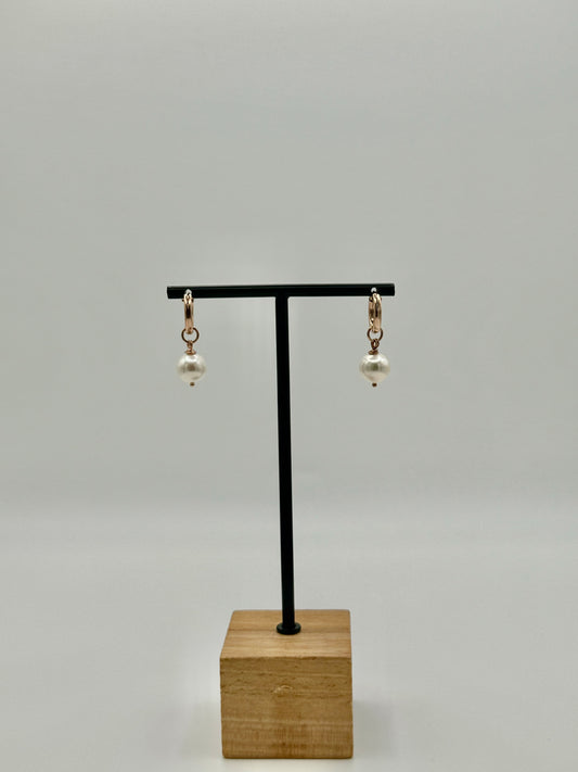 9mm White Edison Pearl Rose Gold Hoop Earrings