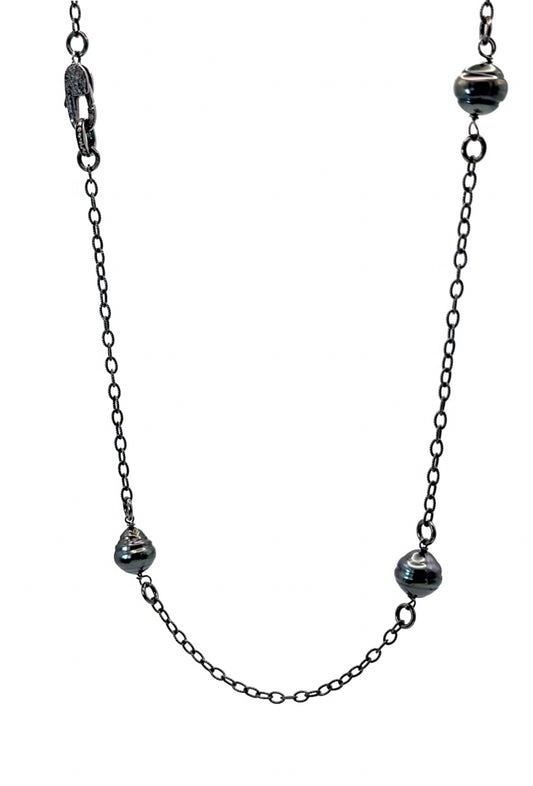 10mm Tahitian Pearls with Diamond Clasp Oxidized Silver Necklace