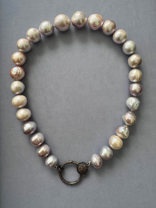12-17mm Silver Blue Edison Pearls Oxidized Silver Pave Diamond Clasp Necklace