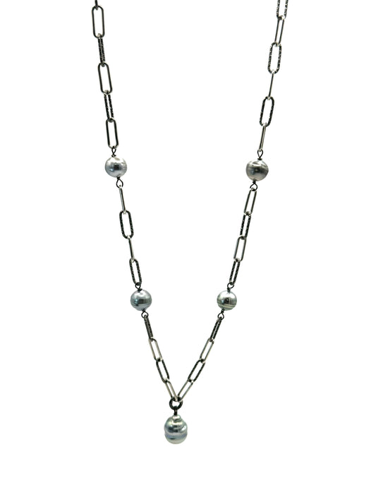 Grey Drop Tahitian Pearl Paperclip Necklace