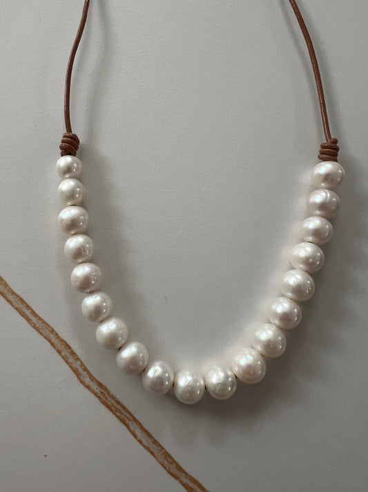 10mm White Freshwater Pearls on Camel Leather Cord Necklace