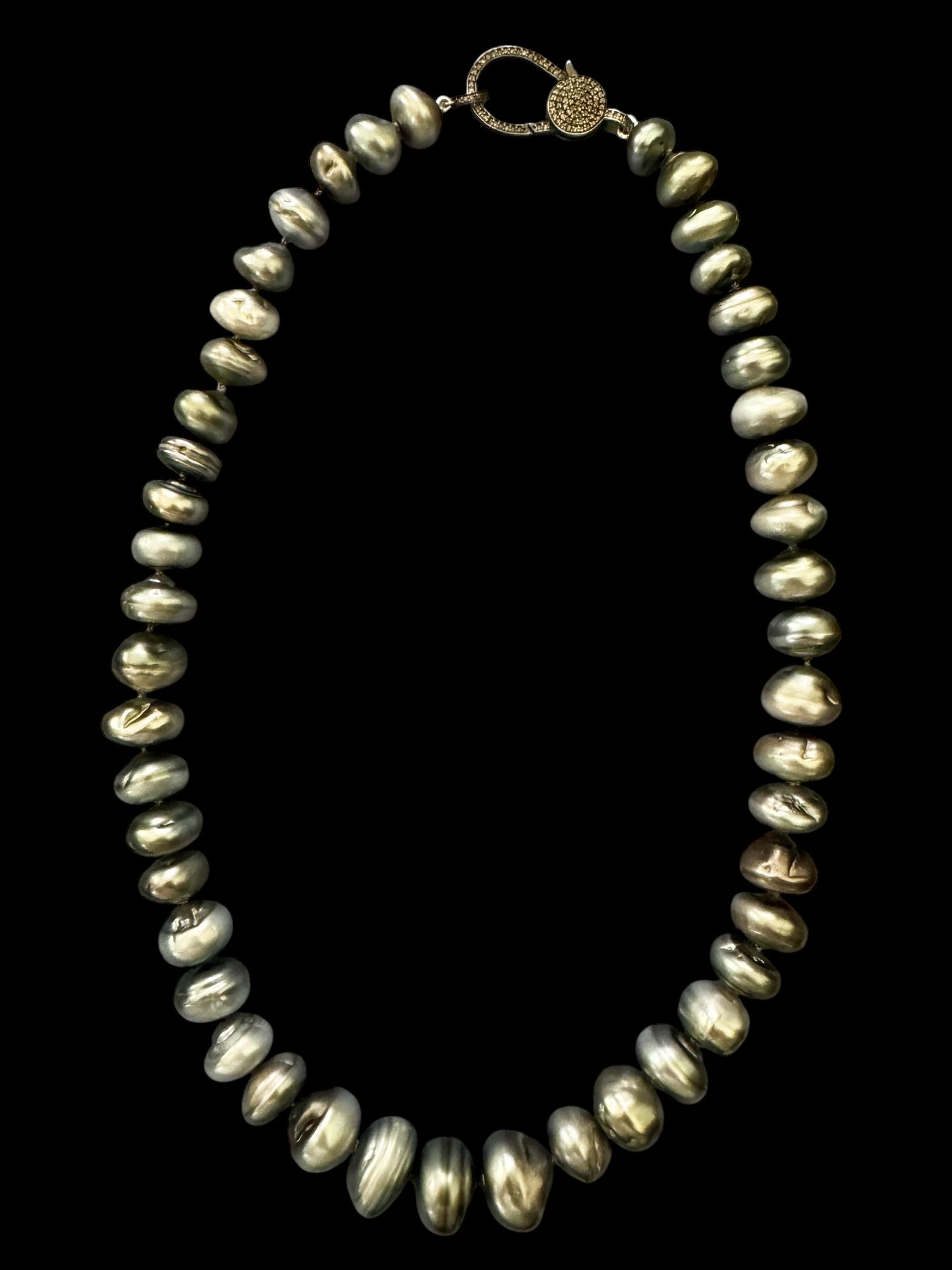 Strata – Rondelle Tahitian Silver Pearl Necklace with Pavé Diamond Oxidized Silver Clasp