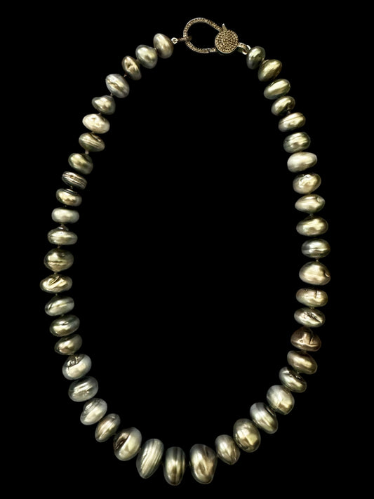 Strata – Rondelle Tahitian Silver Pearl Necklace with Pavé Diamond Oxidized Silver Clasp