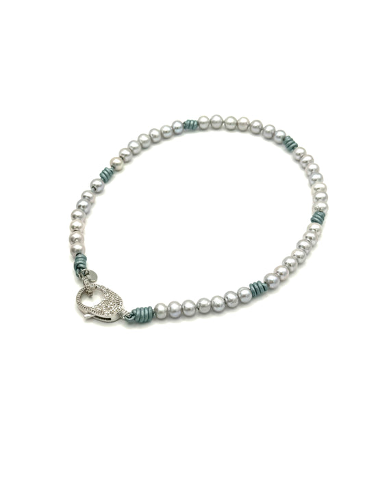 7mm Grey Freshwater Pearls and Silver Diamond Lobster Clasp on Metallic Leather Necklace