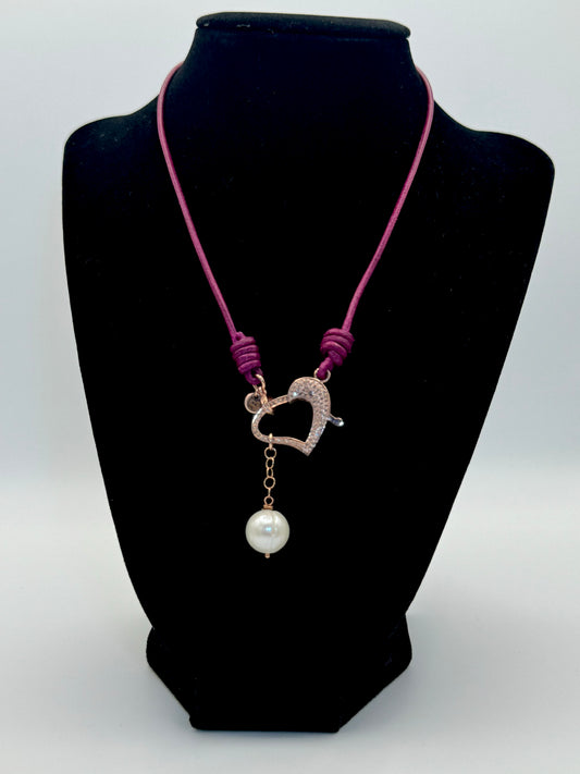 Diamond Heart Magenta Leather Necklace