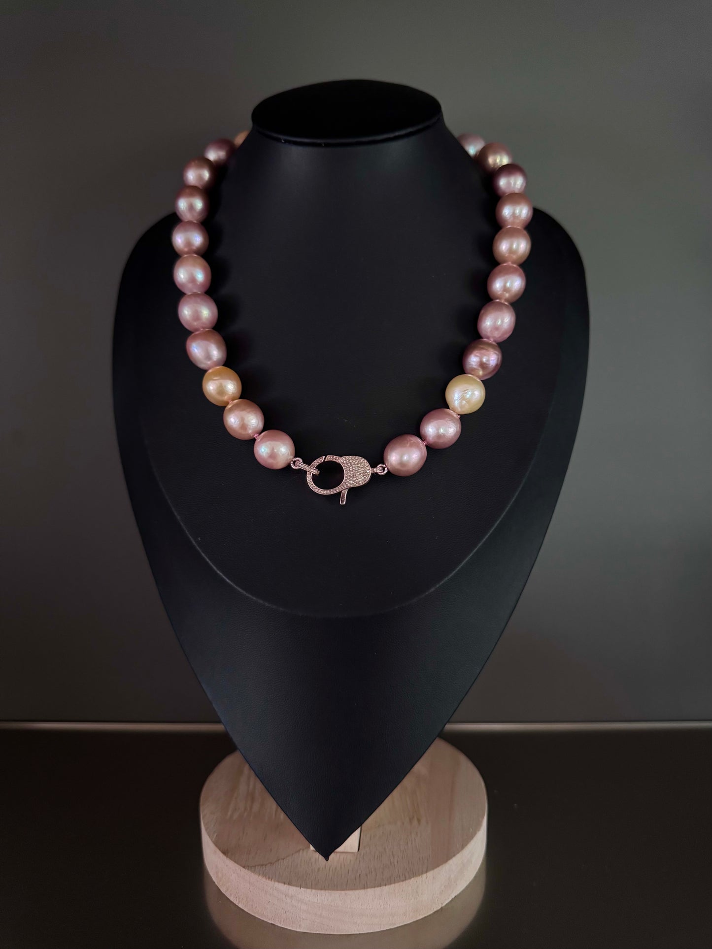 Candy Luxe – 13–15mm Multicolor Edison Pearl Necklace with Rose Gold Plated Silver Pavé Diamond Clasp
