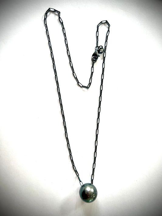 Modern 16mm Tahitian Pearl on Oxidized Silver Necklace