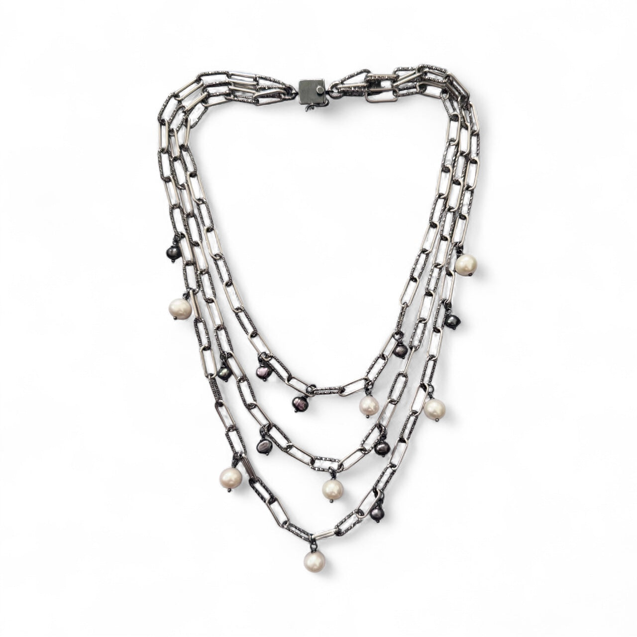 Pearlescent Harmony: Triple Layer Necklace Featuring White Freshwater & Peacock Nugget Pearls on Black Rhodium & Sterling Silver Paperclip Chain