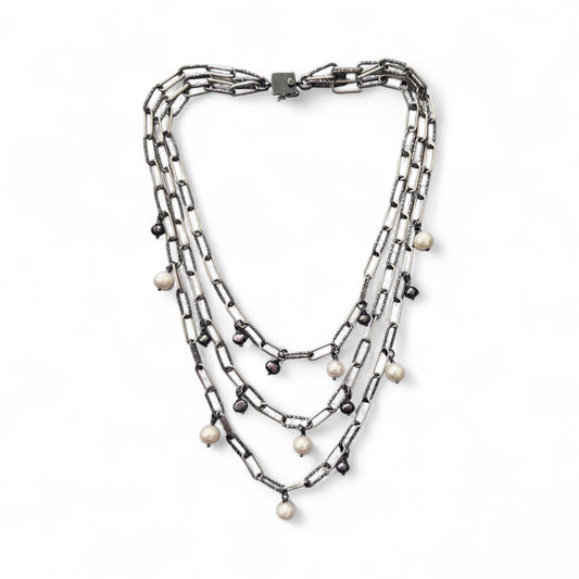 Pearlescent Harmony: Triple Layer Necklace Featuring White Freshwater & Peacock Nugget Pearls on Black Rhodium & Sterling Silver Paperclip Chain